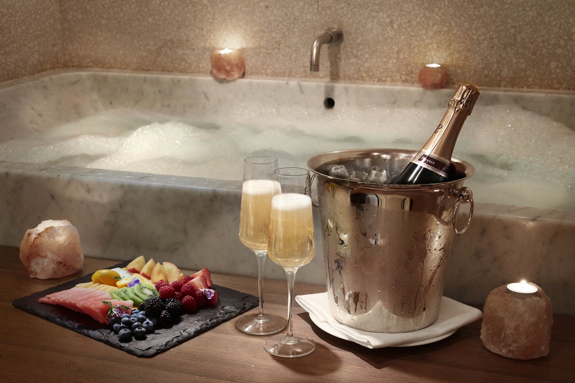 Akasha Holistic Wellbeing Hotel Cafe Royal London spa jacuzzi champagne fruit platter